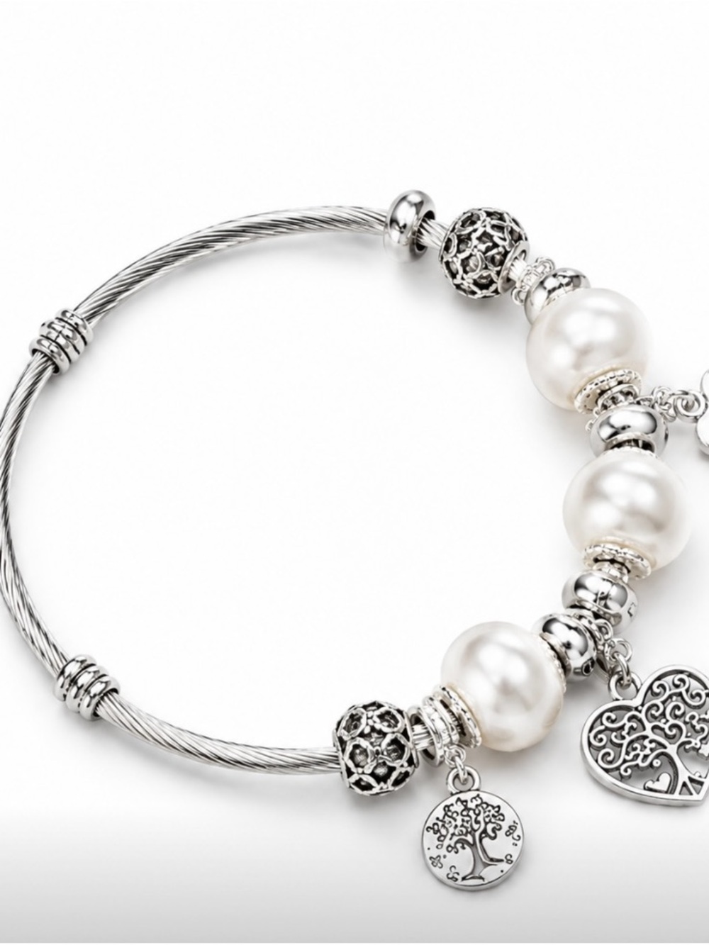 Silver Bracelet with White Pearls and Tree Charms not 925 but durable